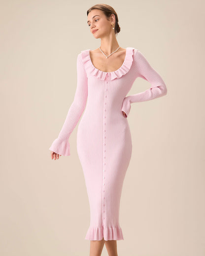 Kadın Pembe U Yaka Fırfırlı Bodycon Kazak Elbise