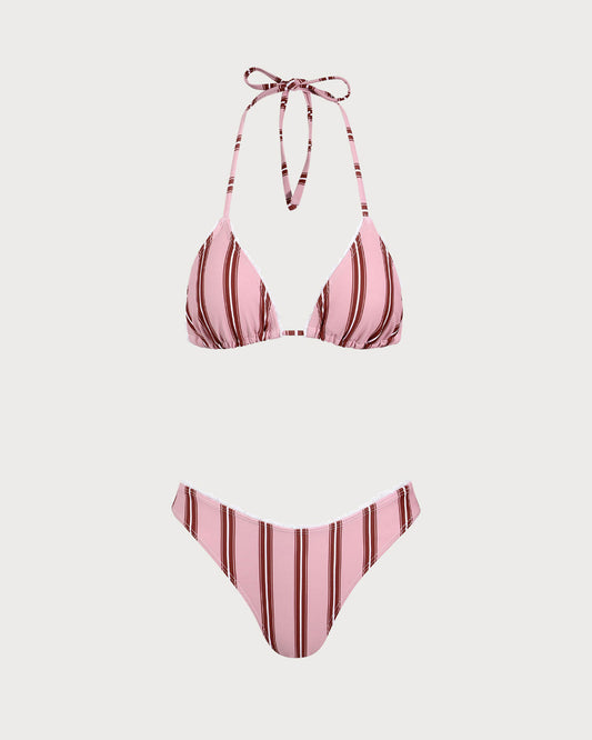 Pembe Çizgili Halter Bikini Takımı