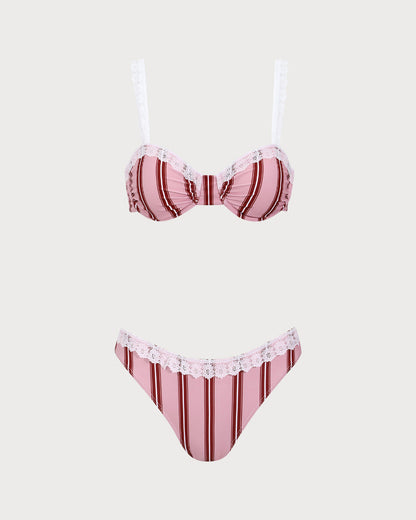 Revolense™ Pembe Çizgili Balenli Dantel Bikini Takımı