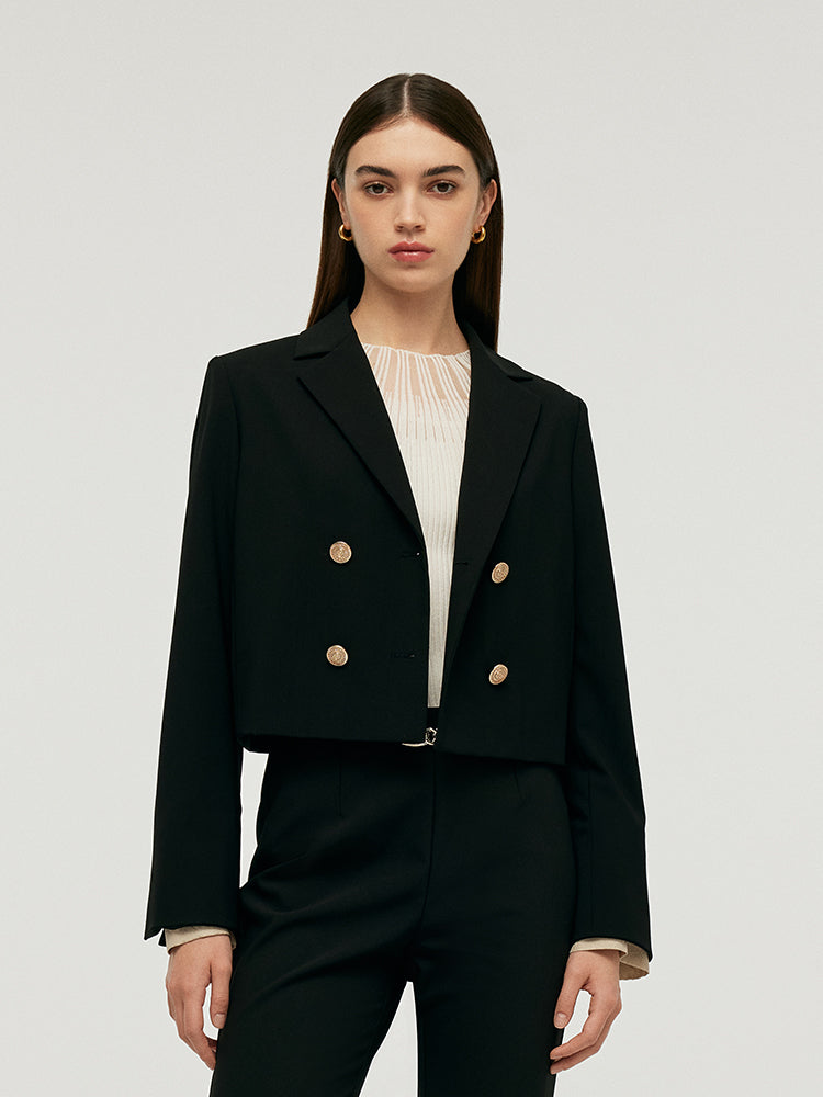 Çıkarılabilir Kollu Kamgarn Yünlü Crop Blazer