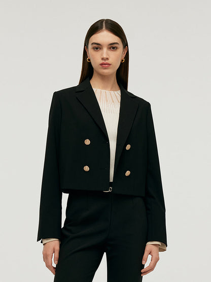 Çıkarılabilir Kollu Kamgarn Yünlü Crop Blazer