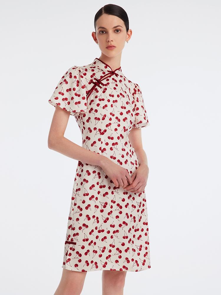 Mandarin Yaka Kiraz Desenli Cheongsam Qipao Midi Elbise