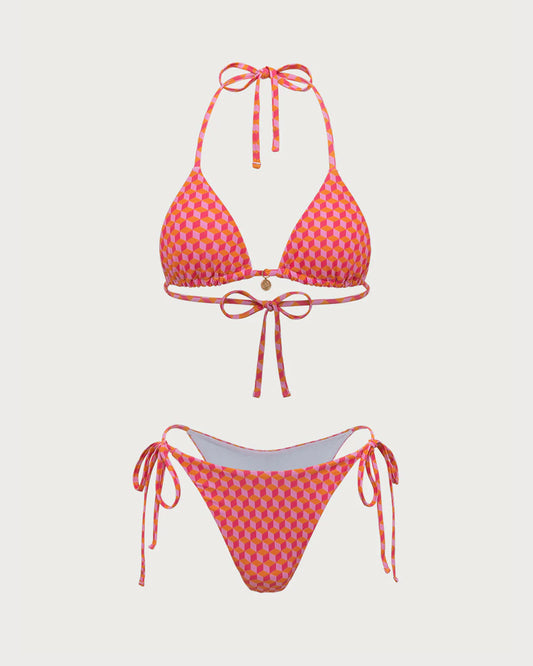 Pembe Geometrik Desenli Büzgülü Bikini Takımı