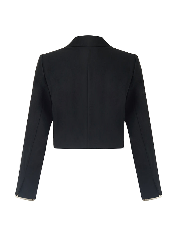 Çıkarılabilir Kollu Kamgarn Yünlü Crop Blazer