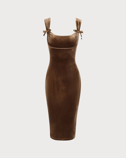 Kahverengi Kadife Bodycon Midi Elbise