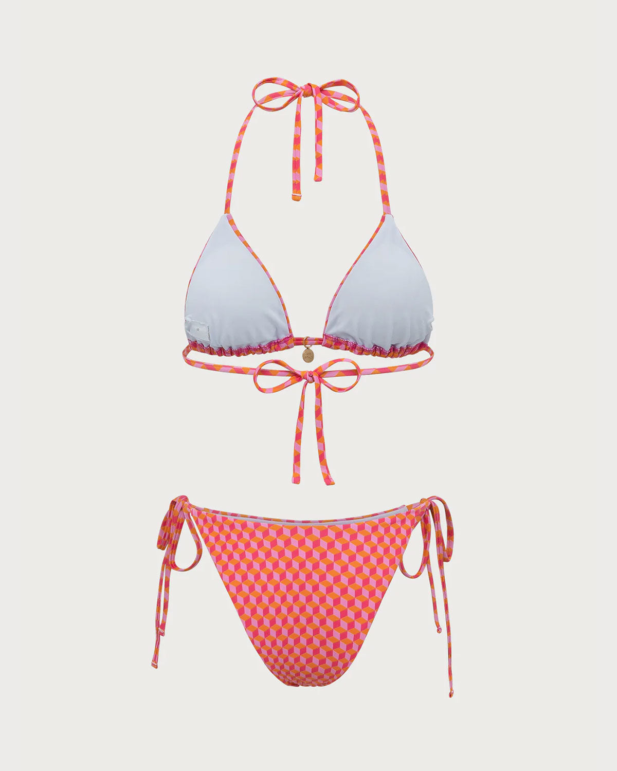 Pembe Geometrik Desenli Büzgülü Bikini Takımı