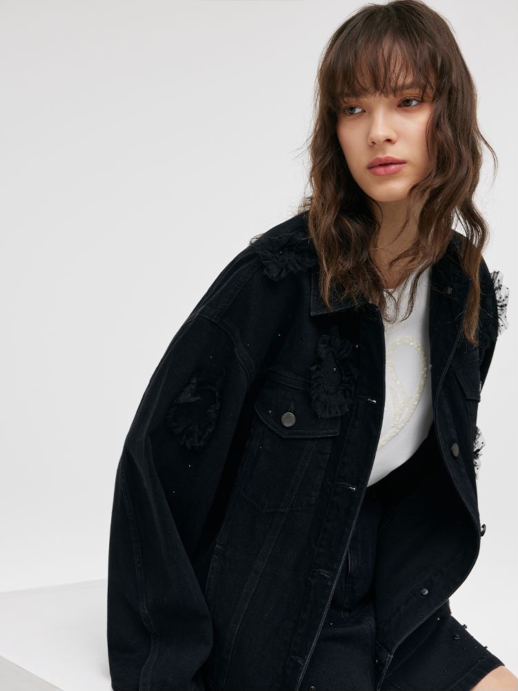 Denim Oversize Taşlı Kadın Ceket