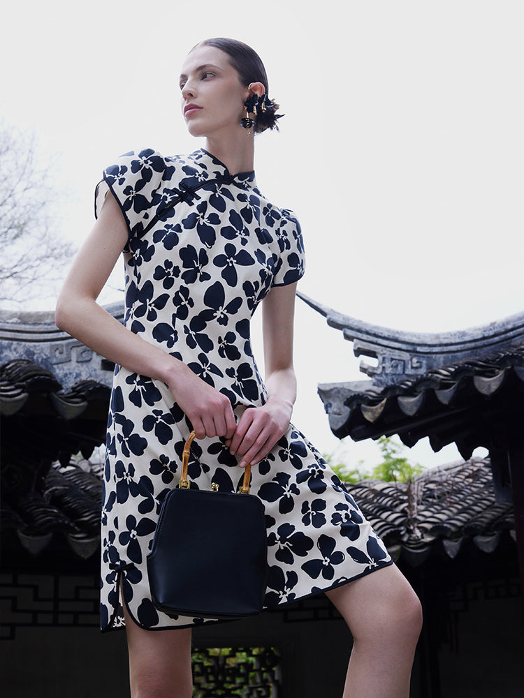 Pamuklu Çiçekli Cheongsam Qipao Mini Elbise