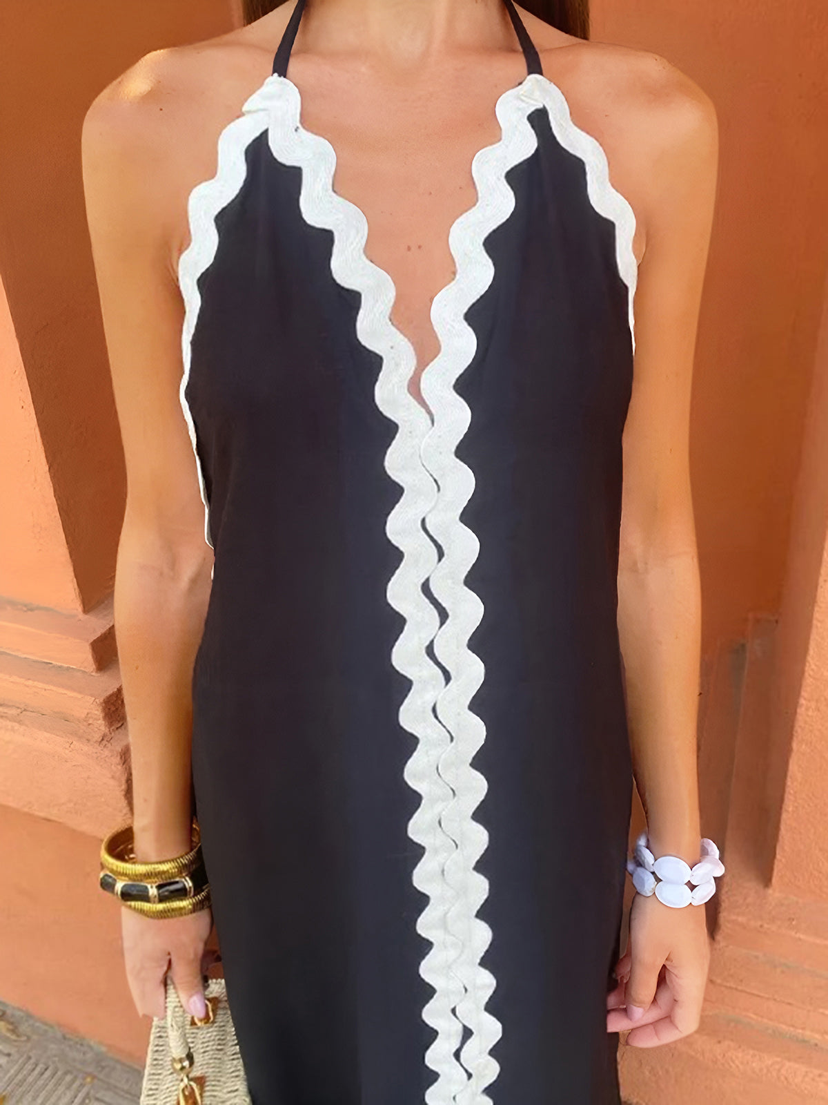 Zig Zag Kenarlı Halter Midi Elbise