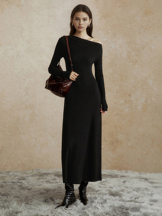 Asymmetrical Neck Slim Long Dress