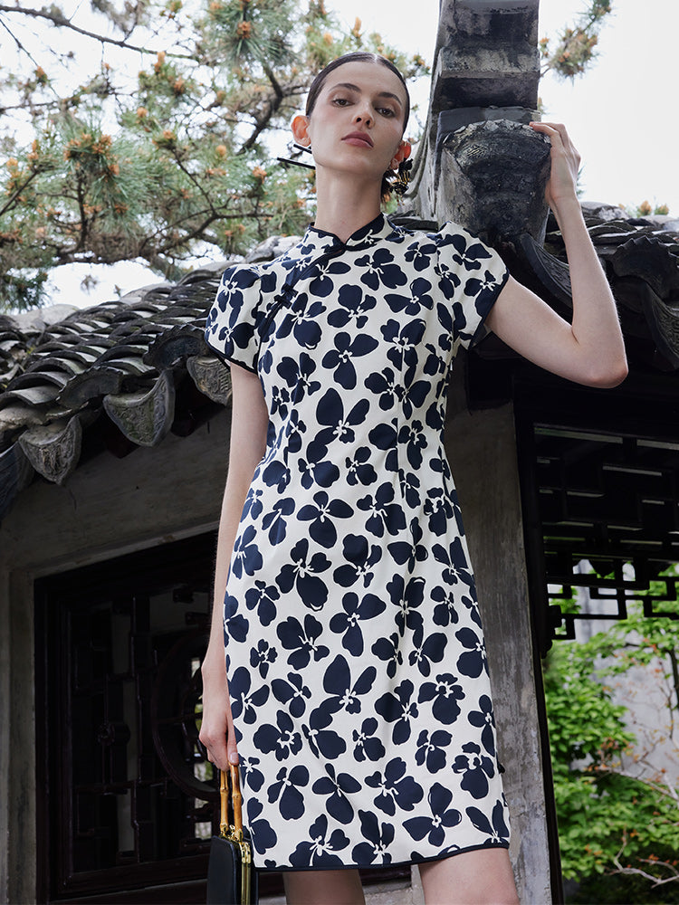 Pamuklu Çiçekli Cheongsam Qipao Mini Elbise