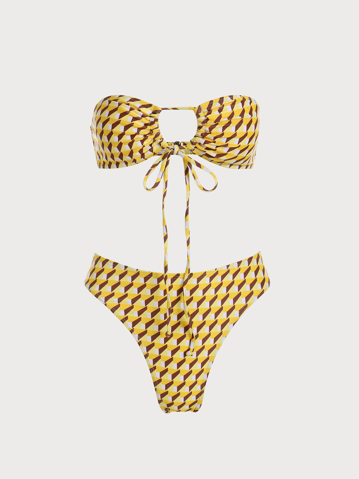 Sarı Geometrik Straplez Bikini Takımı