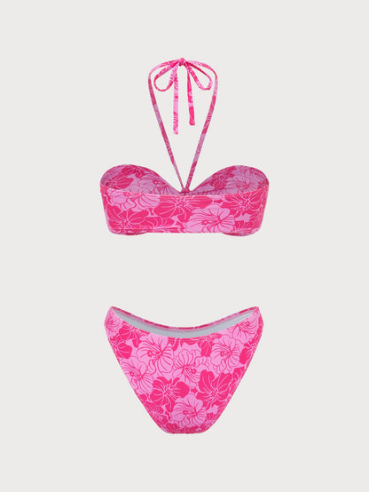 Pembe Çiçekli Bandeau Bikini Seti